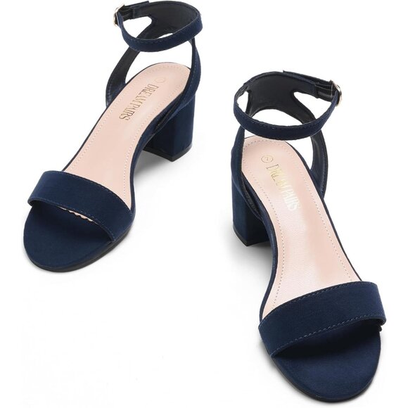 Dream Pairs Womens Navy Suede Faux Suede Rounded Toe Ankle Strap Heeled Sandal - Picture 2 of 7